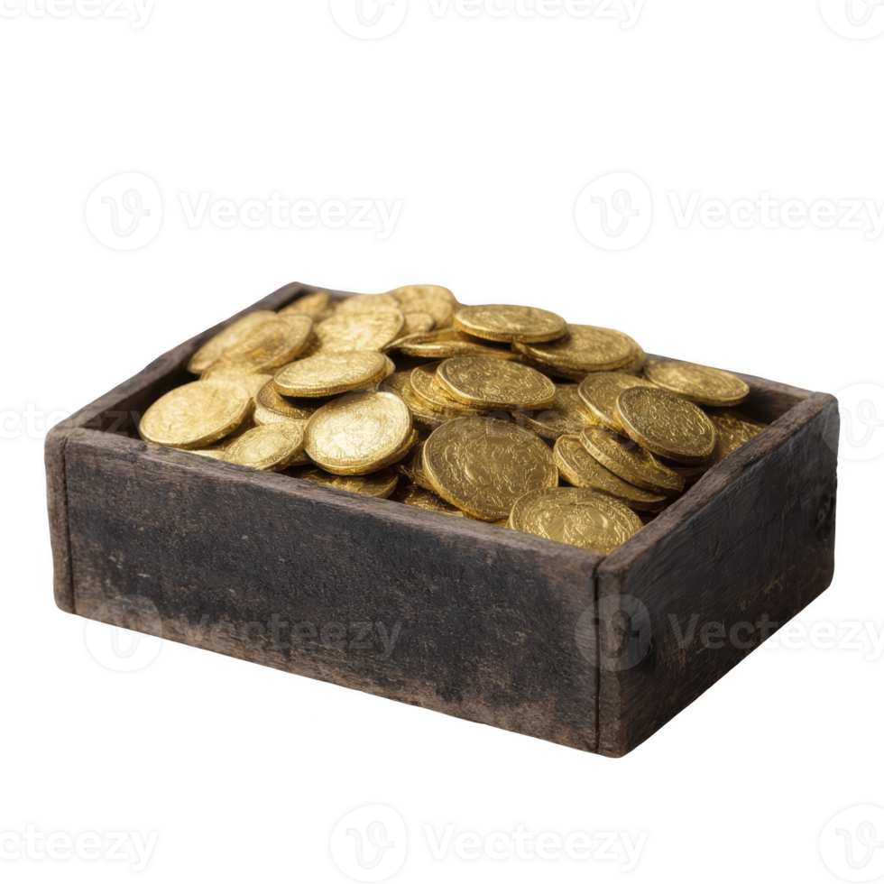 Wooden box filled with shiny gold coins, symbolizing wealth and treasure, evokes sense of adventure and discovery. coins are stacked and scattered, reflecting light png