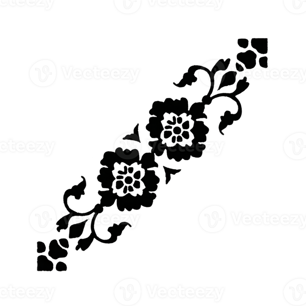 Decorative floral design featuring intricate black flowers and leaves arranged diagonally, creating elegant and classic pattern png