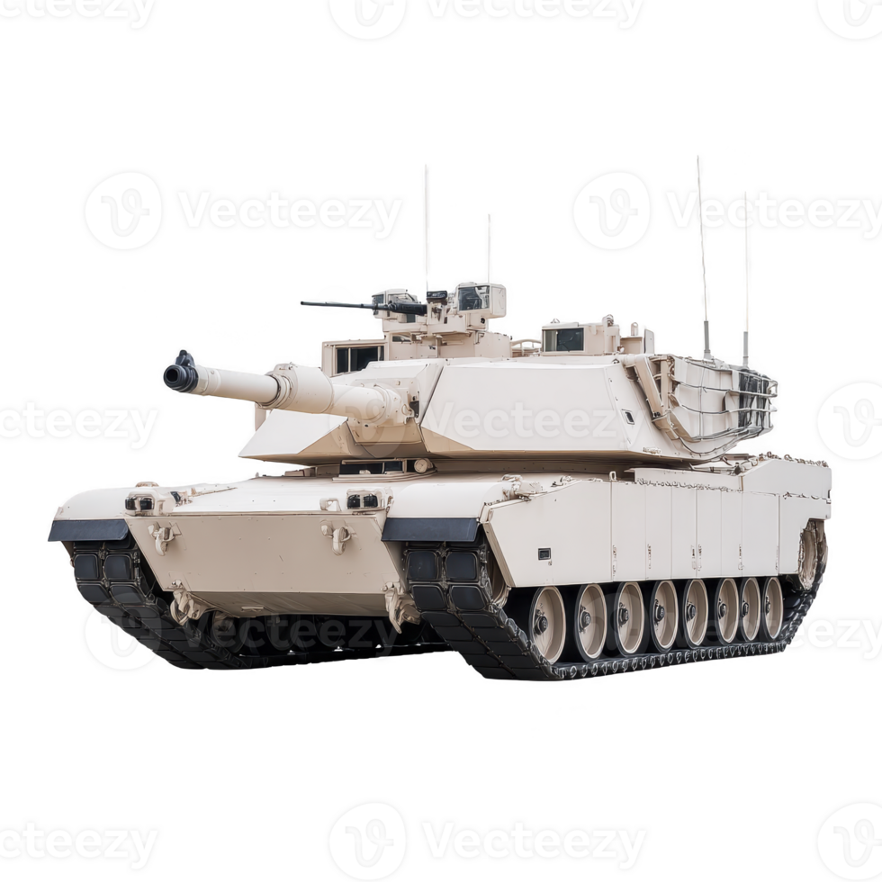 Modern military tank with beige exterior is shown, featuring large cannon and multiple antennas, designed for combat and defense png