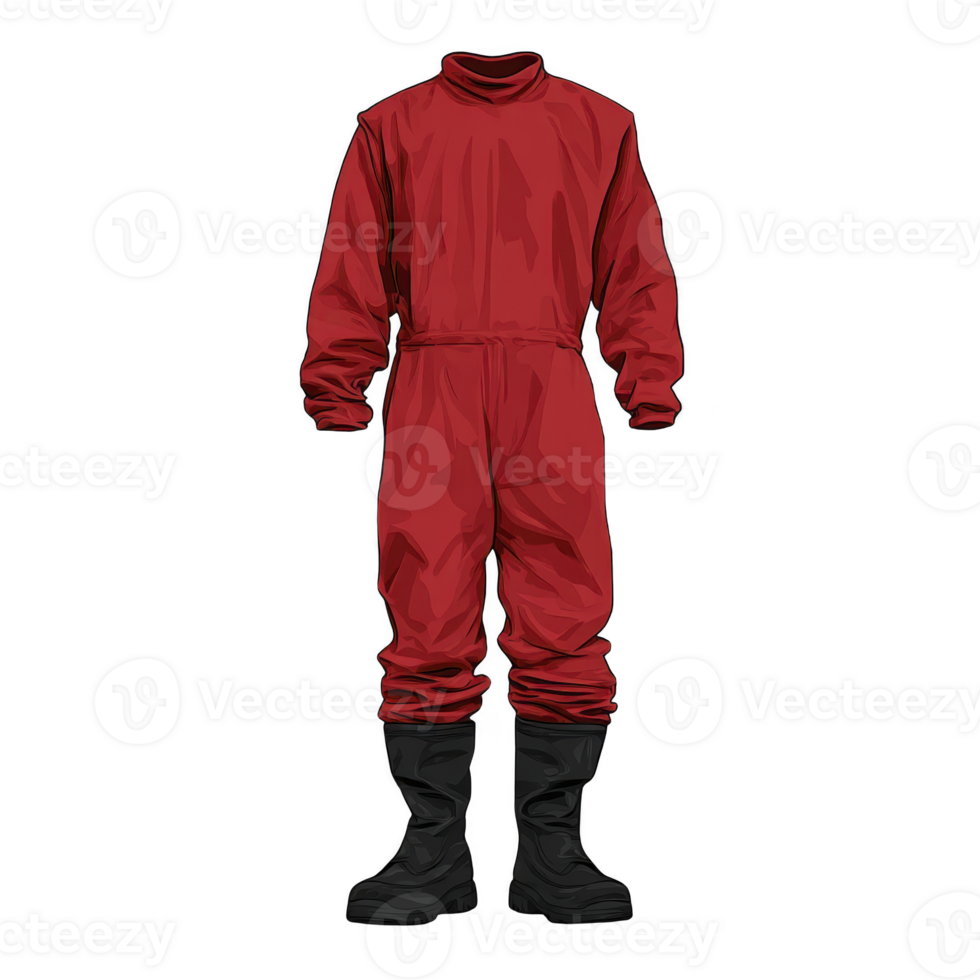 Red protective suit with black boots, designed for safety and durability, is displayed against plain background. suit features long sleeves and high collar, suitable for various environments png