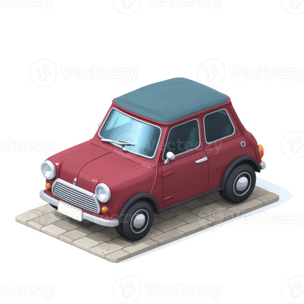 Red vintage compact car with blue roof is parked on cobblestone surface, showcasing classic design and charming appeal png