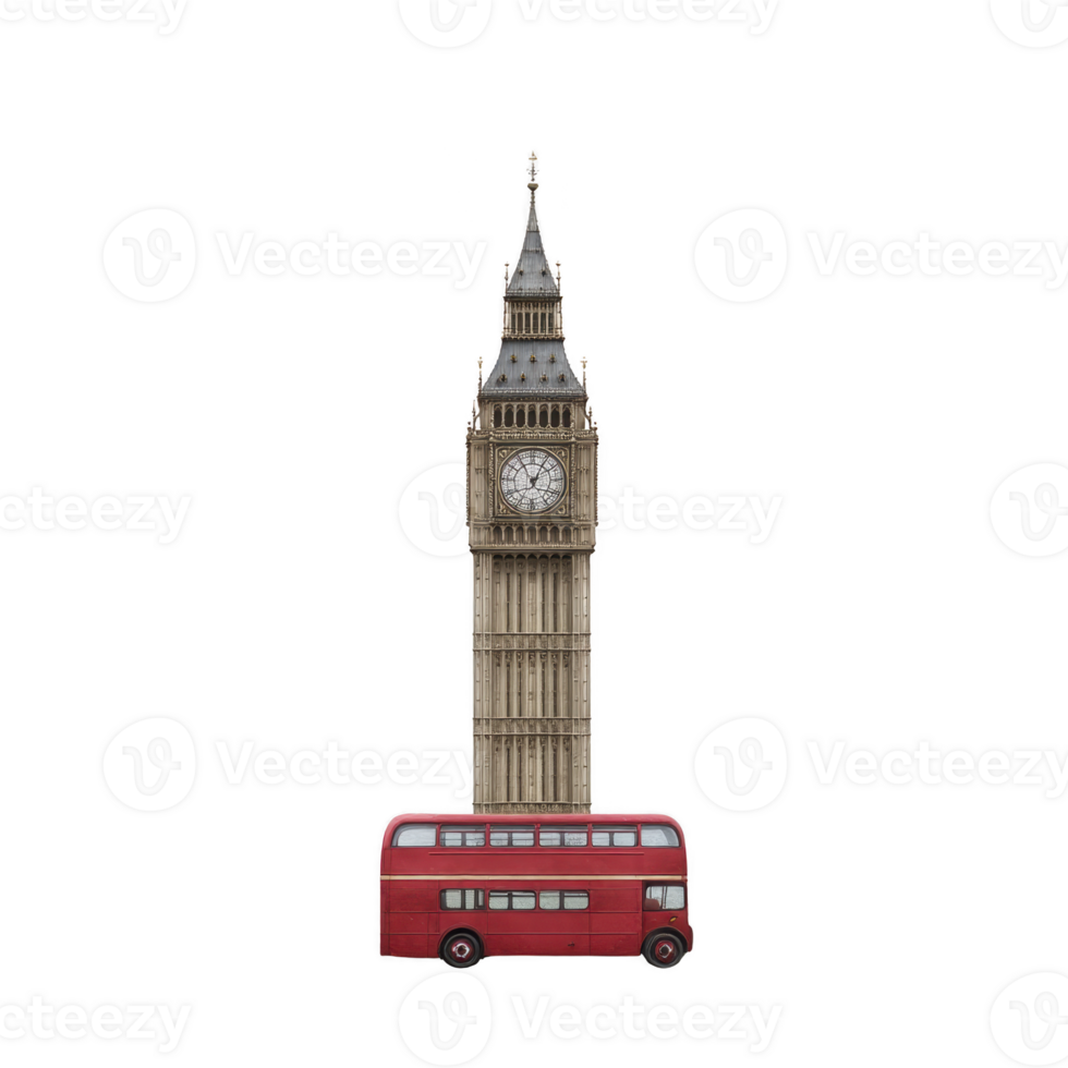 Red double decker bus is parked in front of iconic Big Ben clock tower, symbolizing London. historic architecture and vibrant vehicle create classic British scene png