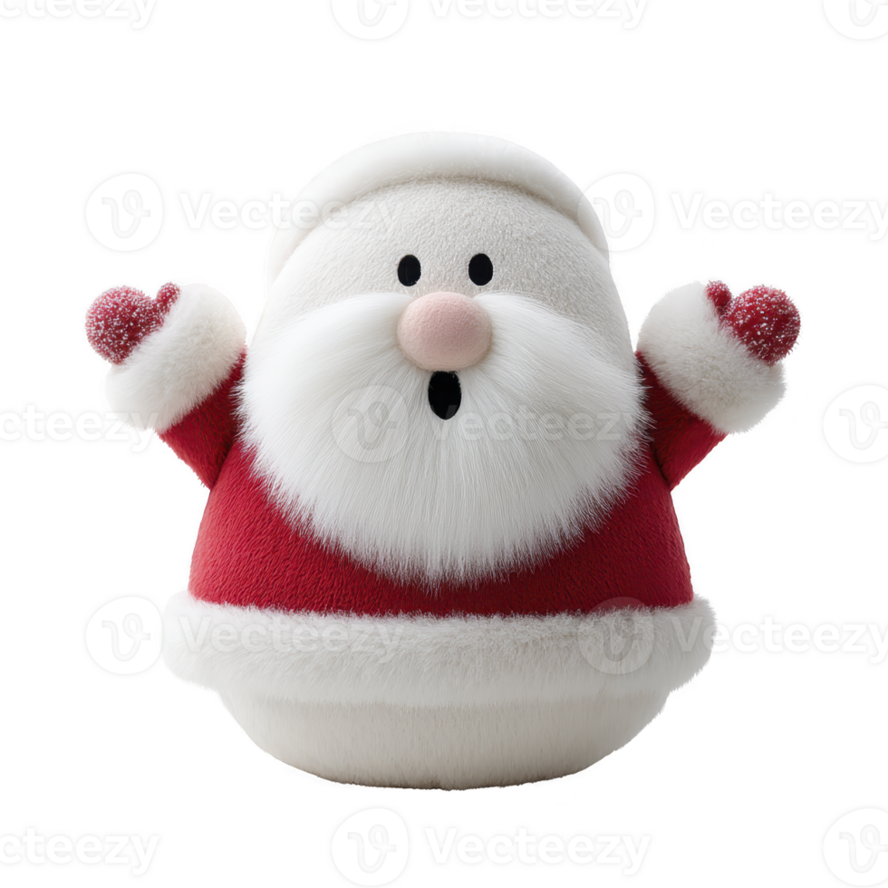 Cute, fluffy Santa Claus figure with surprised expression, wearing red and white suit, and holding up heart shaped hands. character exudes festive and joyful holiday spirit png