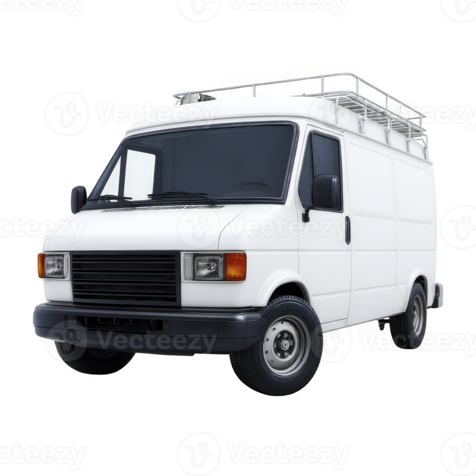 White cargo van with roof rack is parked, showcasing its utility and spacious design. vehicle is ideal for transporting goods and equipment efficiently png