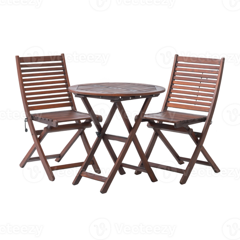 Wooden bistro set featuring round table and two folding chairs, perfect for outdoor dining or cozy patio setting. rich brown finish adds warmth and elegance to any space png