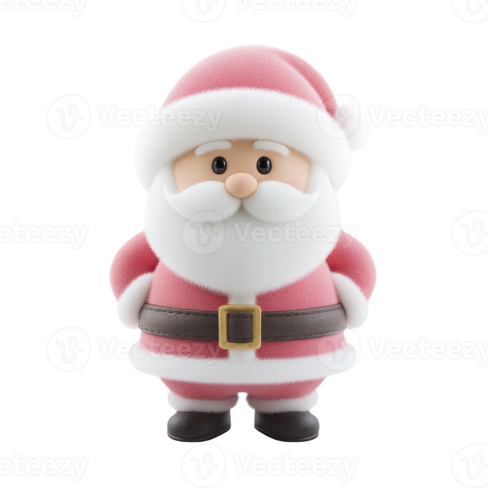 Cute, cartoon Santa Claus figurine with jolly expression, wearing red suit and hat, black belt, and white beard, standing against plain background png
