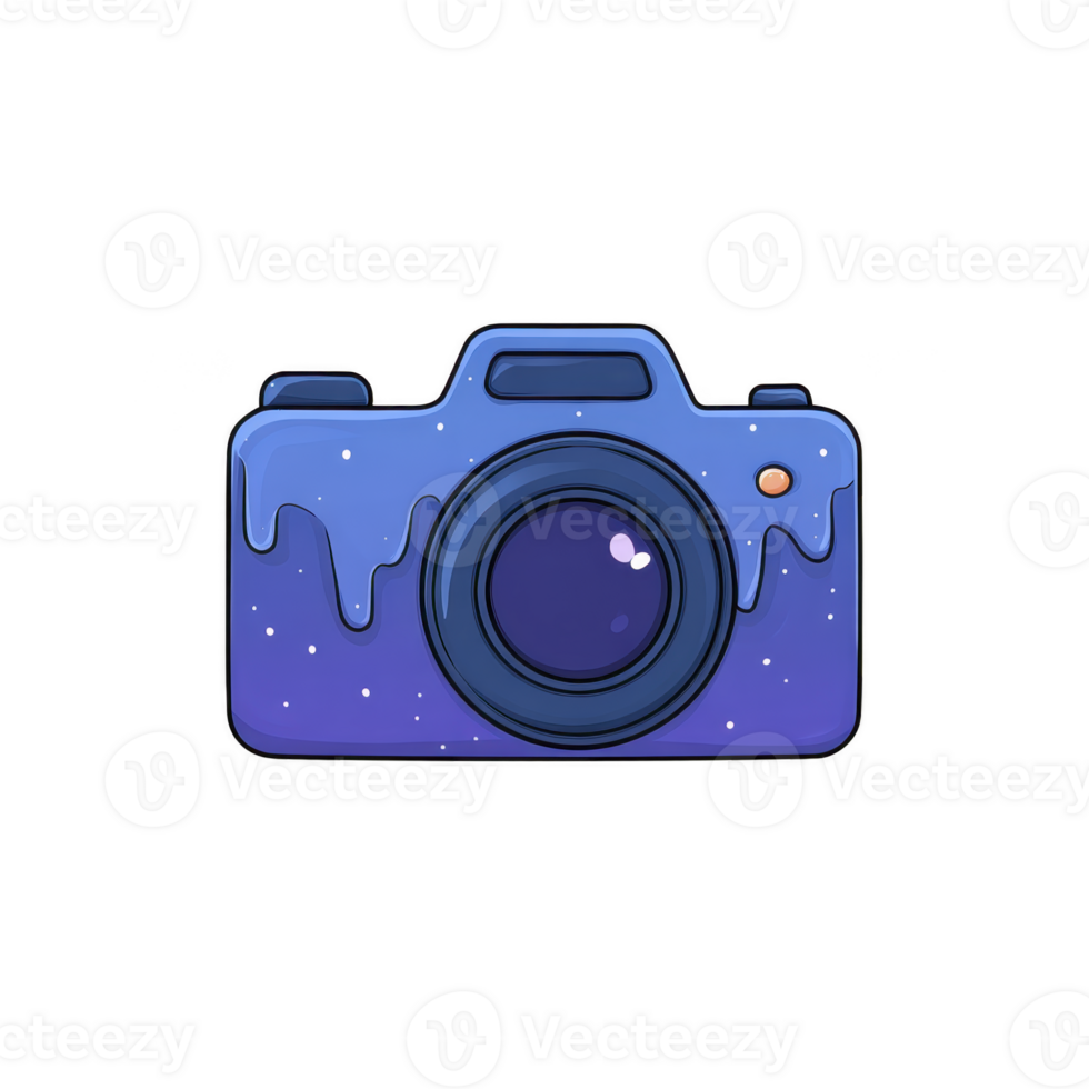 Blue camera illustration with dripping paint effect and cosmic theme creates whimsical and artistic design. camera features lens and buttons, adding playful touch png