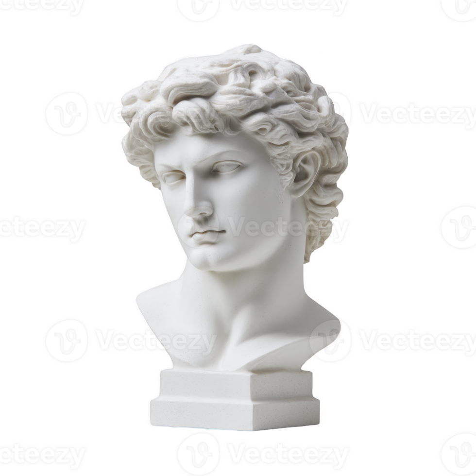 Classical white marble bust of man with curly hair, showcasing intricate details and serene expression, reminiscent of ancient Greek or Roman sculpture png