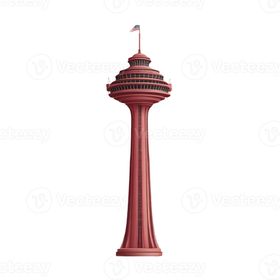 Tall, red observation tower with futuristic design stands against transparency background, featuring circular observation deck and flag on top png