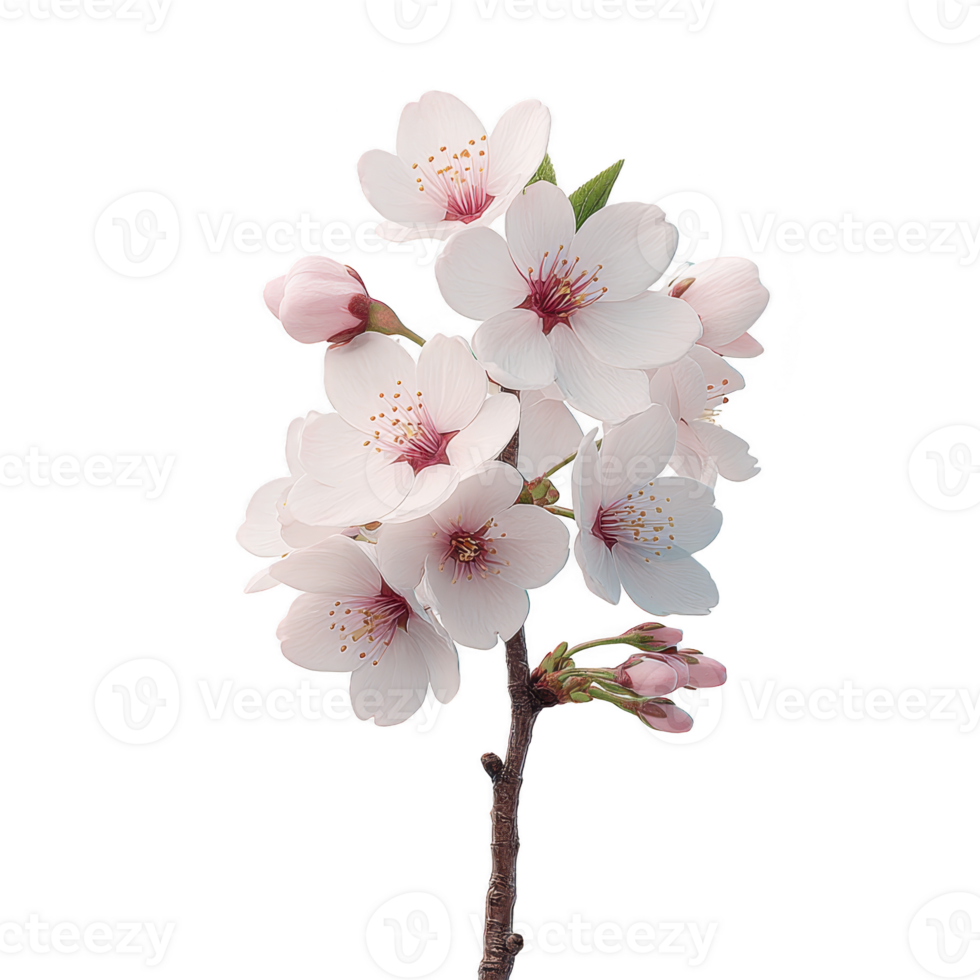 Delicate cherry blossoms in full bloom on branch, showcasing soft pink petals and vibrant green leaves, evoke sense of tranquility and renewal png