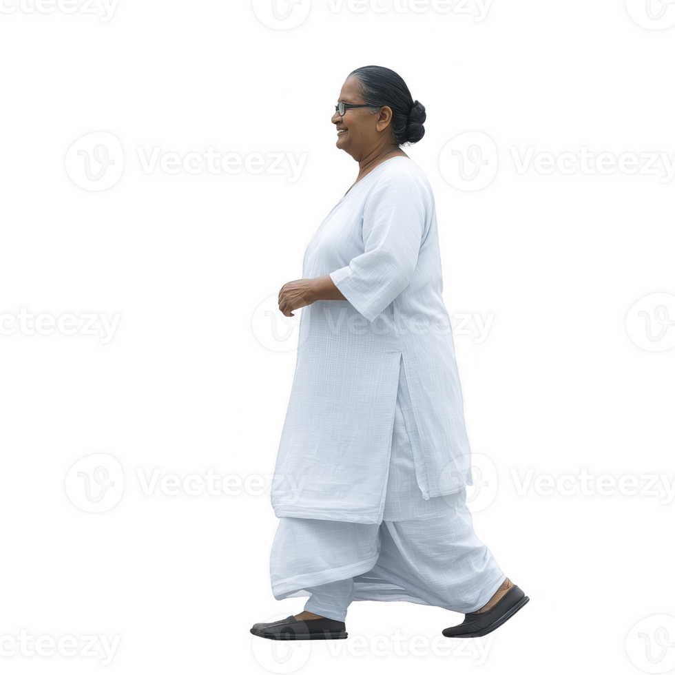 Elderly woman walking confidently in traditional white attire, exuding calmness and grace. Her serene expression and composed demeanor reflect sense of peace and wisdom png
