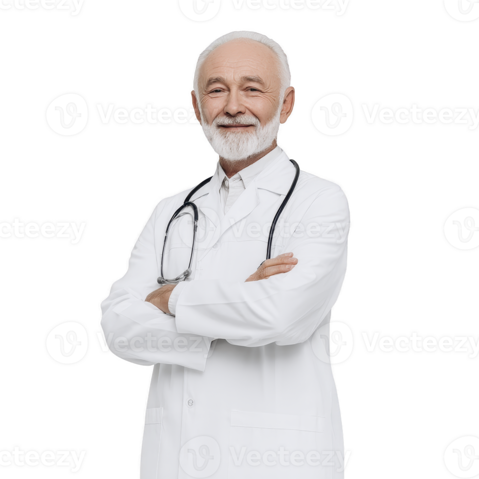 Elderly male doctor with white beard and stethoscope stands confidently in white coat, arms crossed, exuding professionalism and warmth png