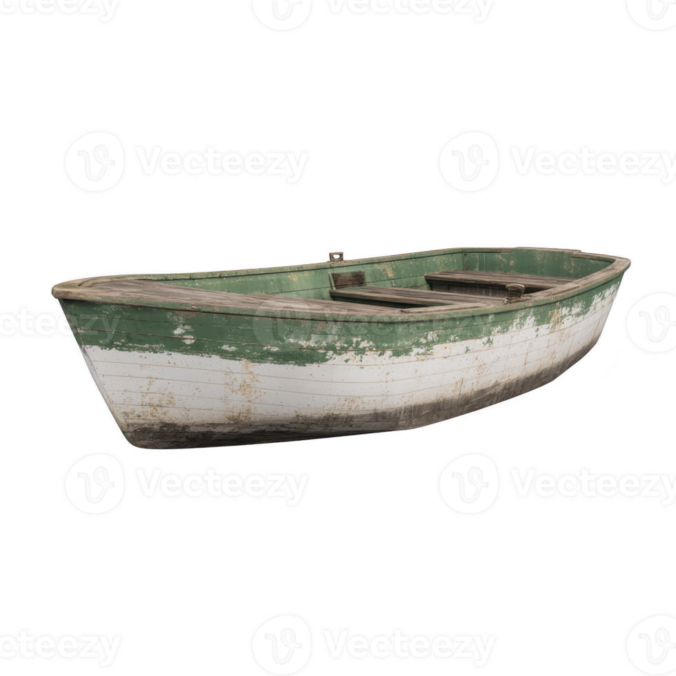 Weathered green and white wooden rowboat with rustic appearance, showing signs of age and use, isolated on transparency background png
