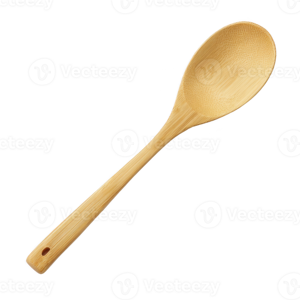 Wooden spoon with smooth, natural finish is shown against transparency background. spoon features long handle and rounded bowl, ideal for cooking and serving png