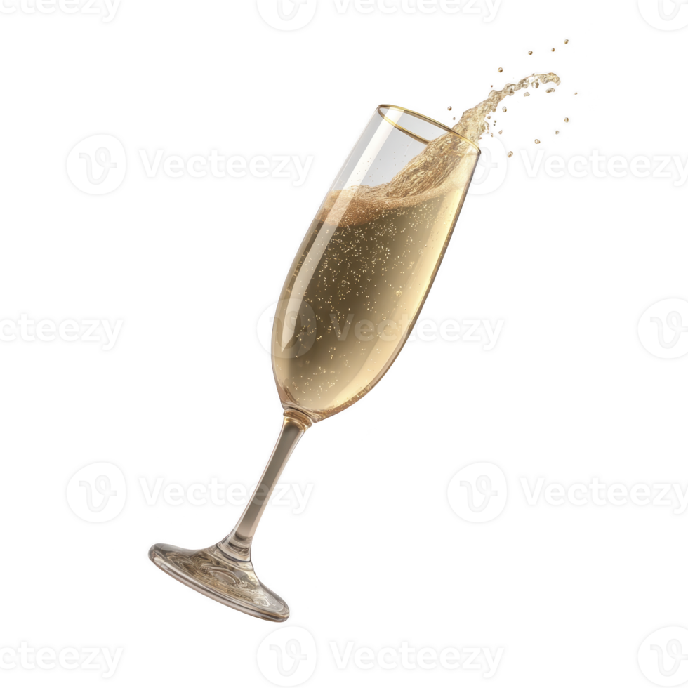 Champagne flute filled with sparkling wine, elegantly tilted with bubbles rising and liquid splashing out, creating festive and celebratory mood png