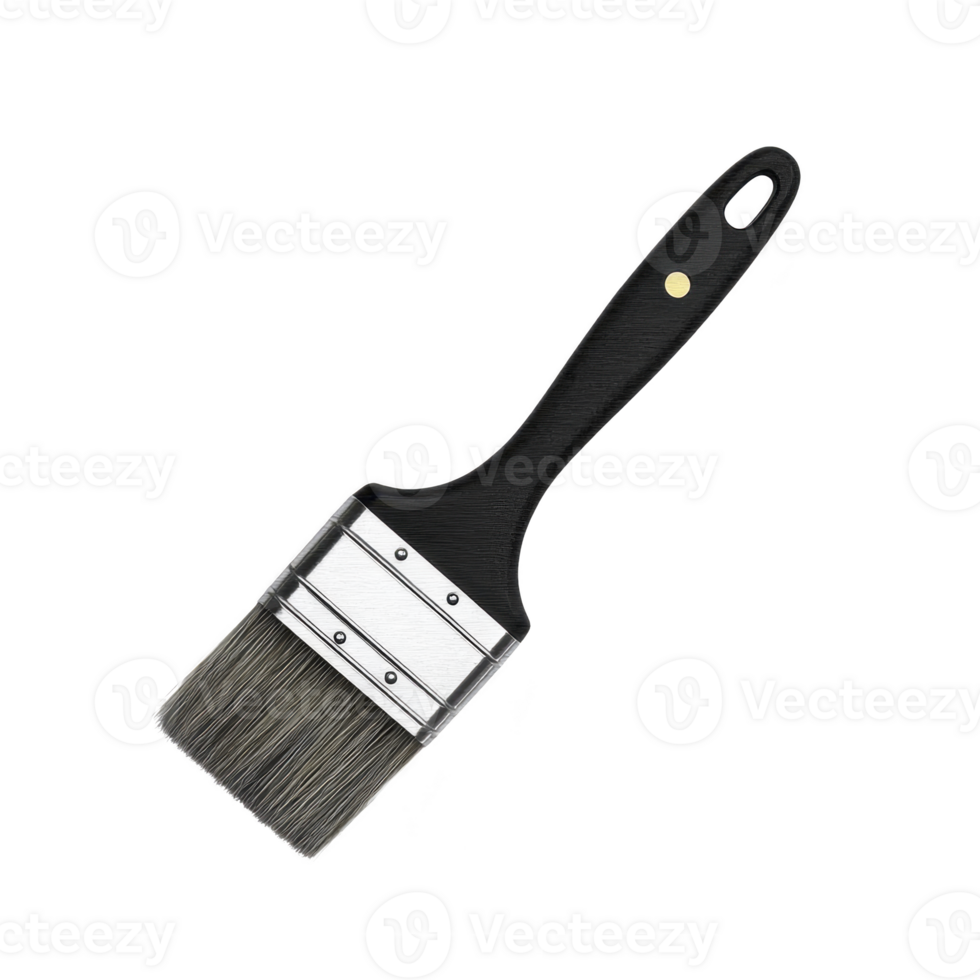 Black handled paintbrush with metal ferrule and synthetic bristles, ideal for painting and decorating projects. brush is isolated on transparency background png