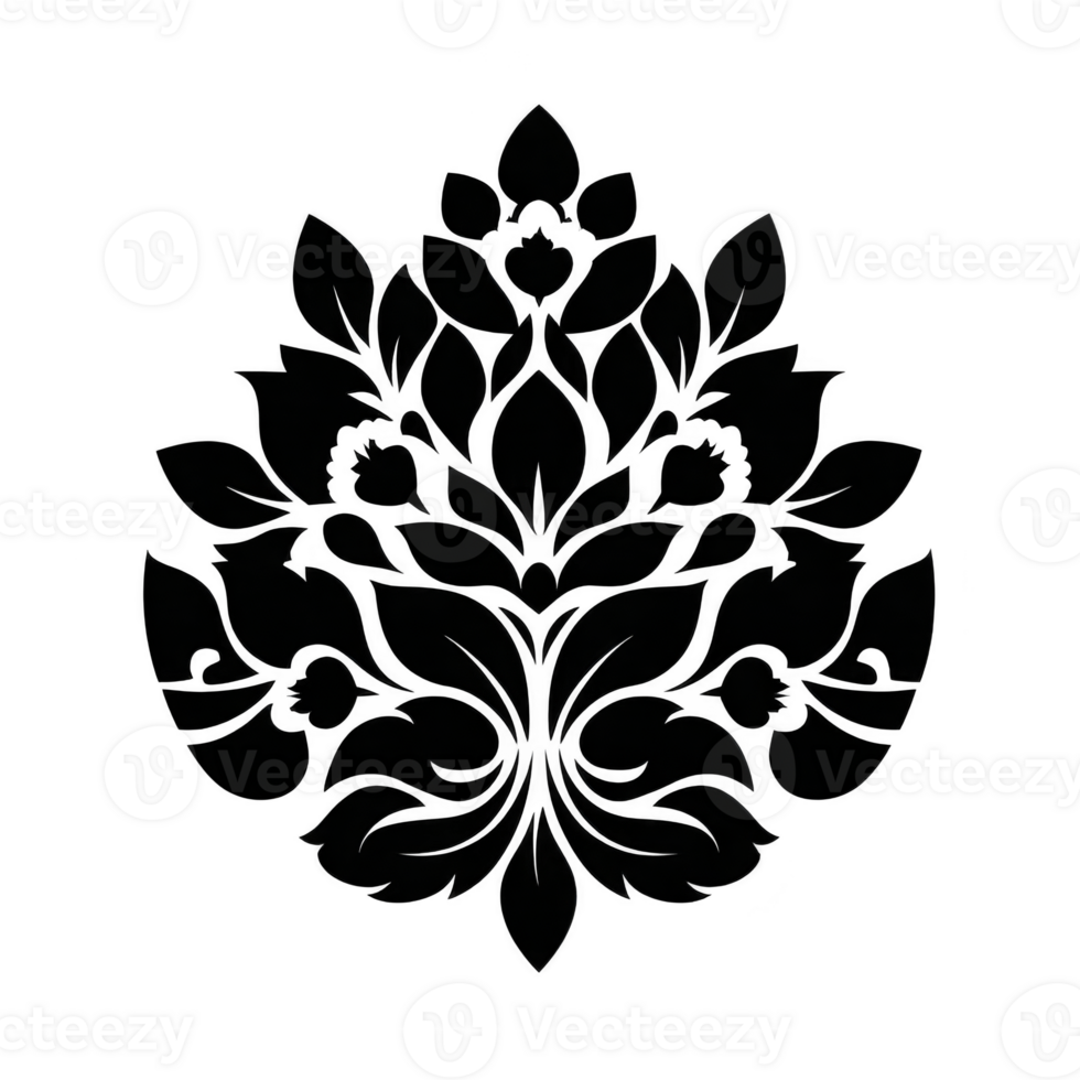 Ornate floral design with symmetrical leaves and petals, creating elegant and intricate pattern. black silhouette adds classic and timeless feel, suitable for decorative purposes png