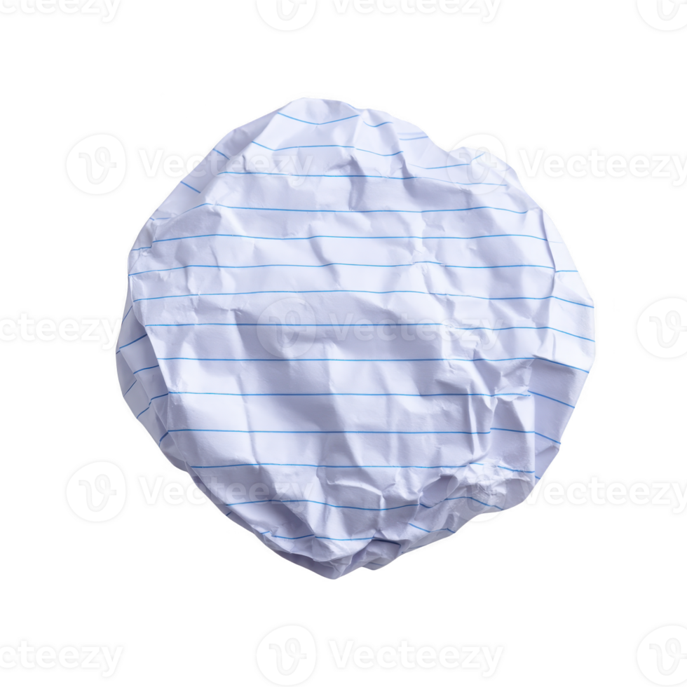 Crumpled piece of lined paper isolated on transparency background, showing blue horizontal lines and textured surface. paper appears discarded, conveying sense of frustration or creativity png