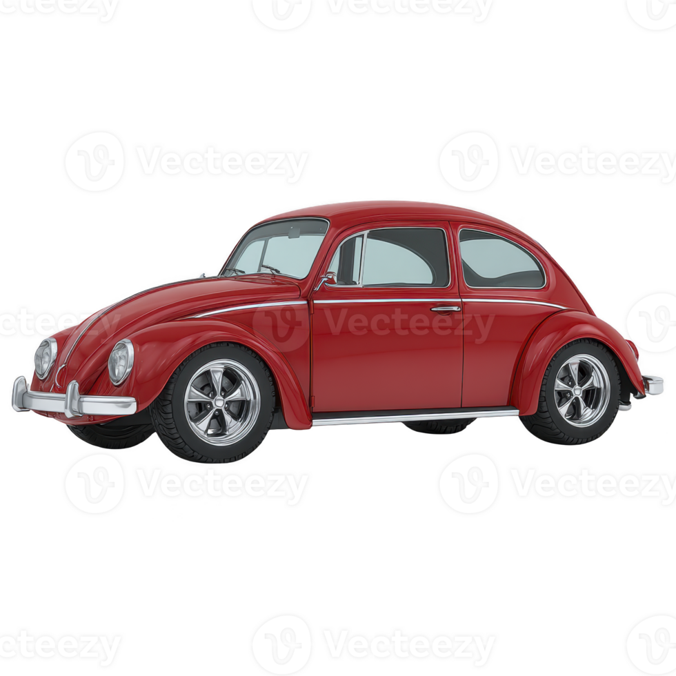 Classic red vintage car with rounded design and chrome accents, showcasing retro style and nostalgia. vehicle features compact body, distinctive curves, and shiny wheels png