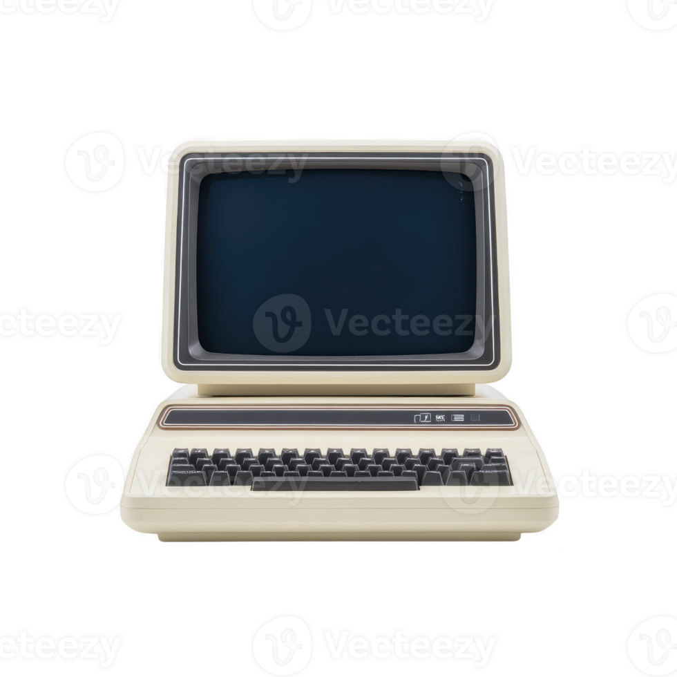 Vintage computer with beige casing and built in keyboard, showcasing retro technology. screen is blank, highlighting classic design of early personal computers png