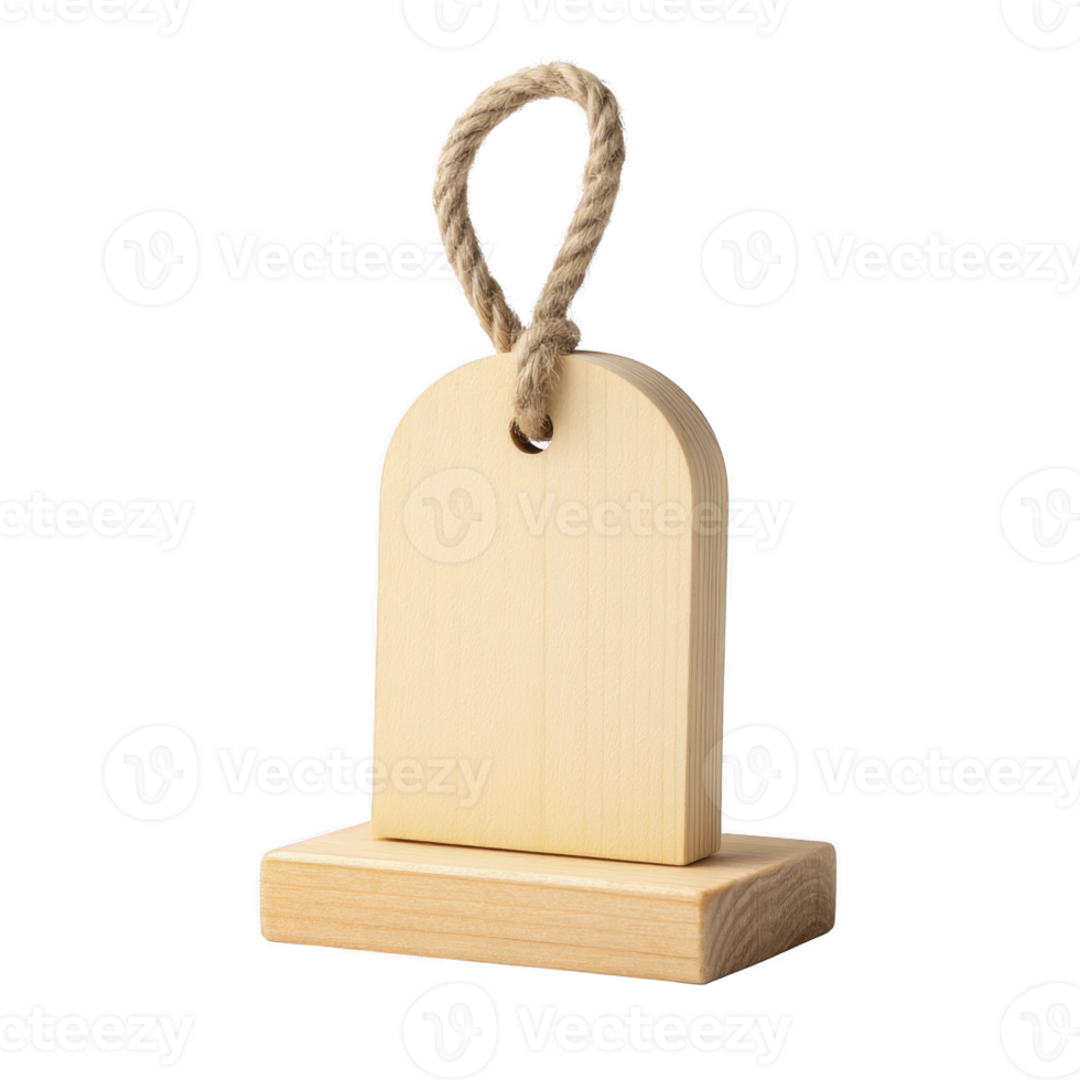 Wooden tag with rope loop is displayed, featuring smooth, light wood finish and rectangular base. tag is ideal for crafting, labeling, or decoration, offering rustic and natural aesthetic png