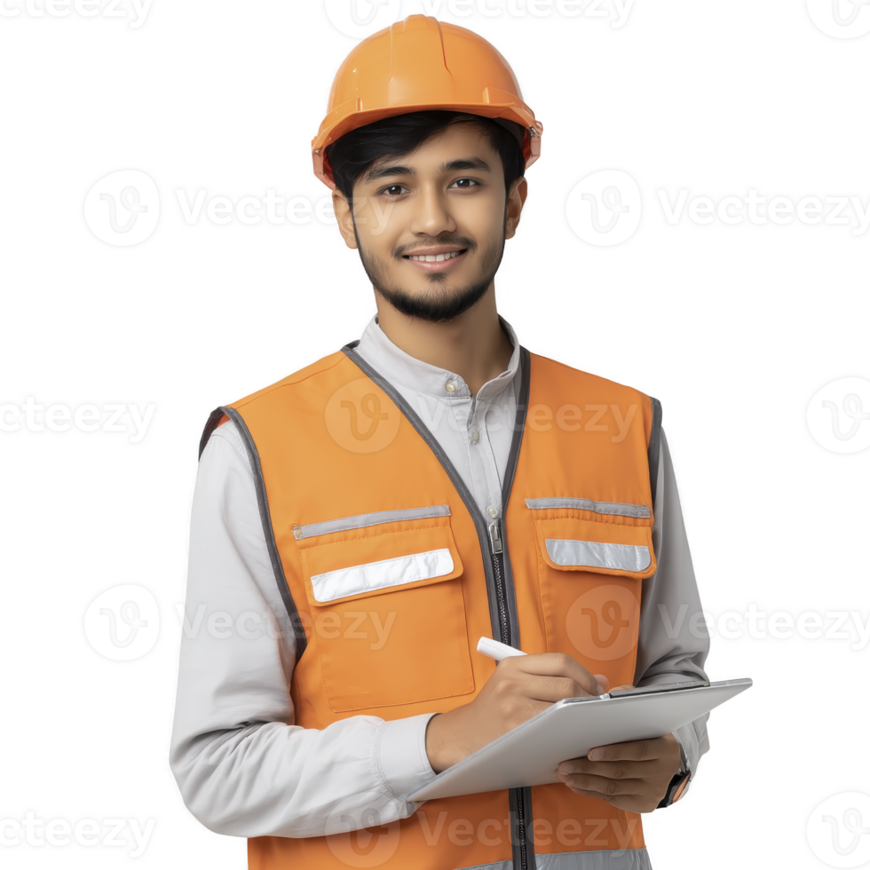Construction worker wearing orange safety vest and hard hat is smiling while holding clipboard, suggesting professional and approachable demeanor png