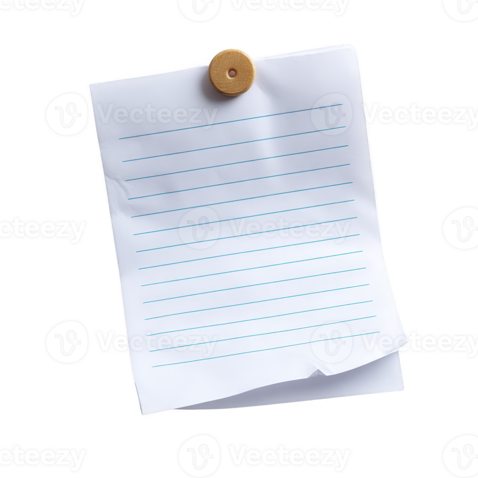 Sheet of lined paper is pinned to surface with wooden thumbtack, showing slightly crumpled texture. paper is blank, ready for notes or writing png