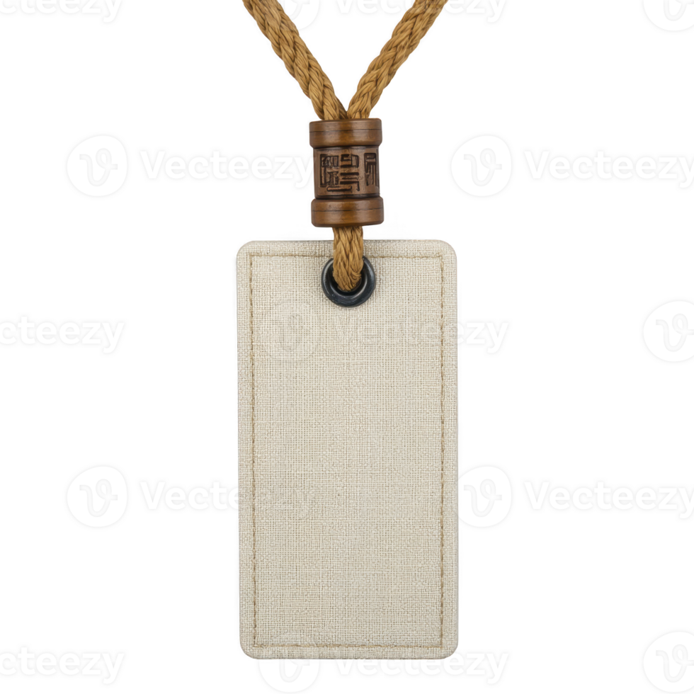 Beige fabric name tag with brown rope and wooden accent, perfect for events or conferences. minimalist design adds touch of elegance to any outfit png