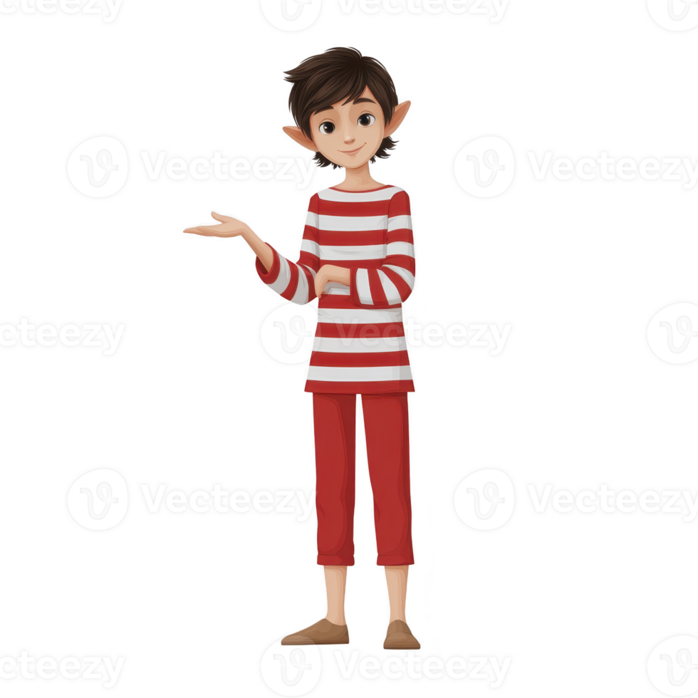 Cheerful animated character with pointed ears, wearing red and white striped shirt and red pants, stands with welcoming gesture. character exudes friendly and approachable vibe png