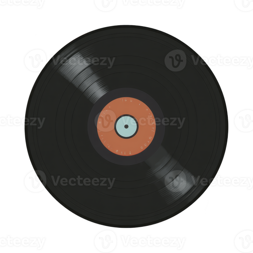Black vinyl record with red label in center, showcasing grooves and classic design, evokes nostalgia and love for analog music png
