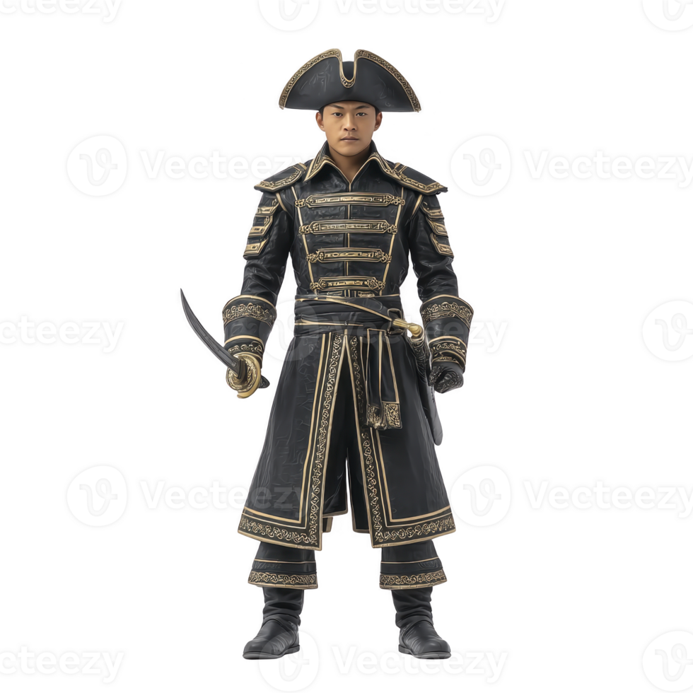 Person dressed in elaborate pirate costume stands confidently, featuring tricorn hat, ornate coat with gold detailing, and holding sword. attire exudes historical and adventurous vibe png
