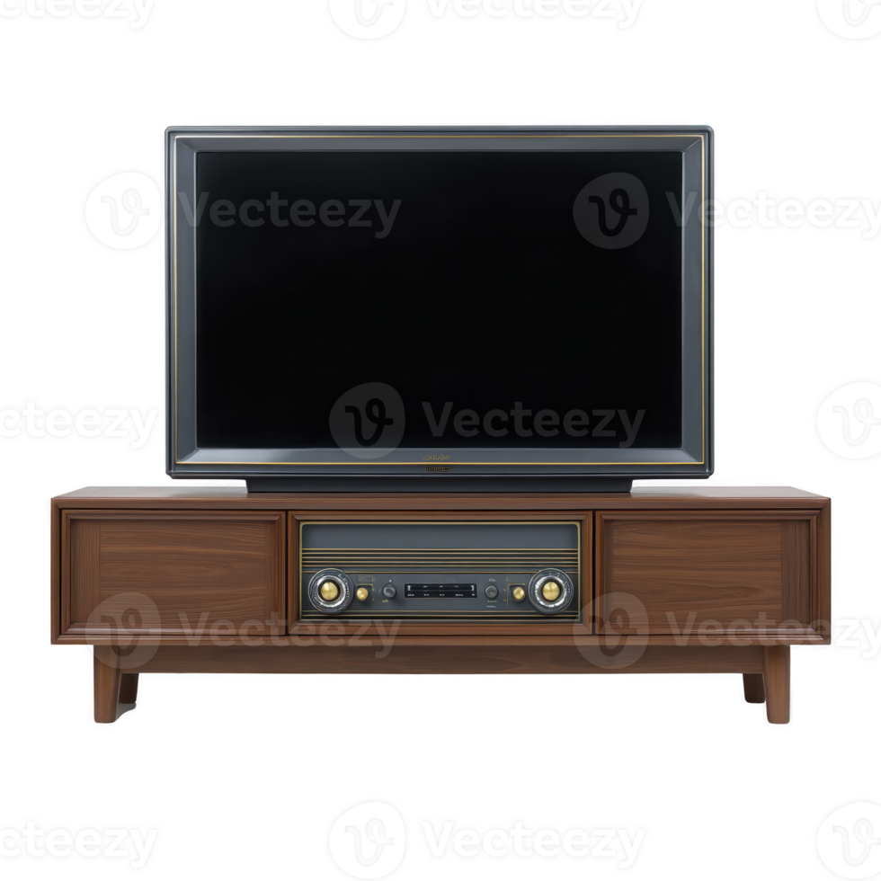 Vintage television set with wooden cabinet and built in radio evokes nostalgia. retro design features large screen and classic dials, capturing mid century aesthetic png