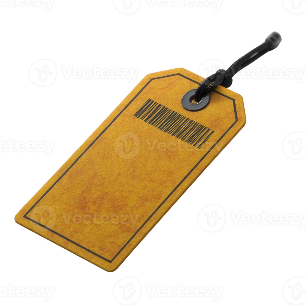 Yellow luggage tag with barcode and black strap, isolated on transparency background, is shown. tag is rectangular with rounded edges, featuring simple design png