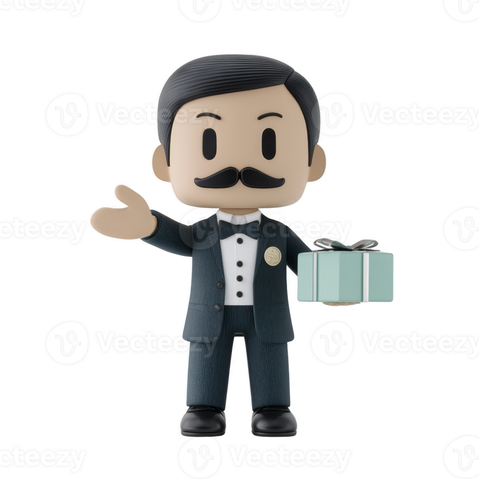 Cute cartoon character in tuxedo with mustache holds small gift box, smiling warmly. character formal attire and friendly gesture create welcoming and cheerful atmosphere png