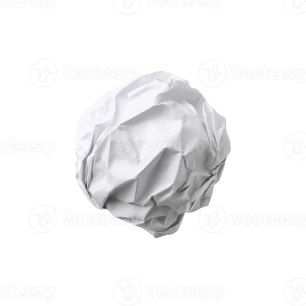 Crumpled white paper ball isolated on transparency background, showcasing texture and simplicity. image highlights concept of discarded ideas or recycling png