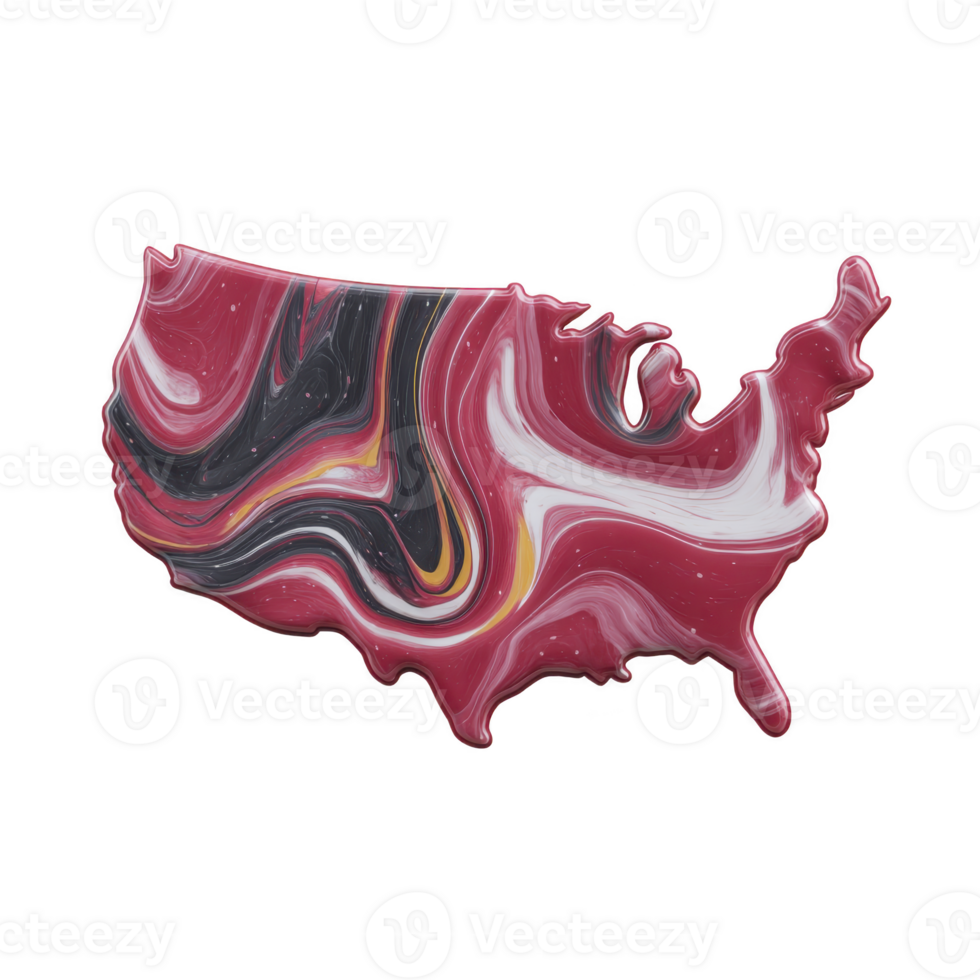 Colorful abstract representation of United States map features swirling patterns in red, black, white, and yellow, creating dynamic and artistic visual png