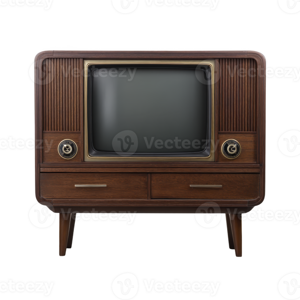 Vintage wooden television set with retro design, featuring curved screen and control knobs, evokes nostalgia. classic style and rich wood finish highlight mid century aesthetics png