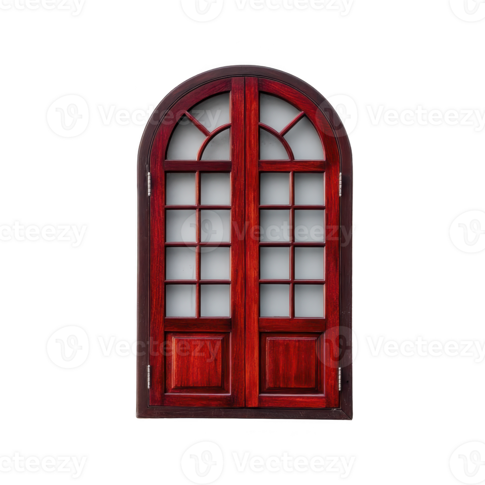 Elegant arched wooden door with rich red finish and glass panels, perfect for adding classic touch to any architectural design png