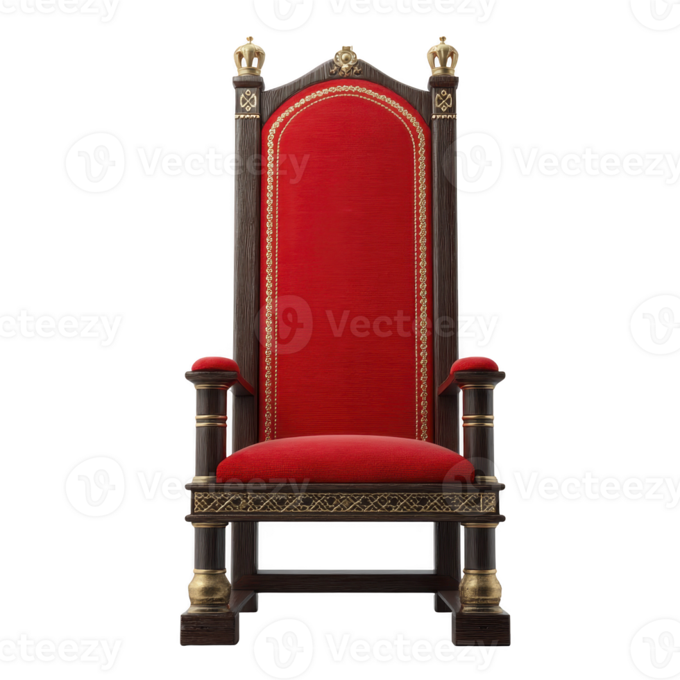 Luxurious, ornate throne with rich red velvet seat and intricate gold detailing, exuding regality and elegance. dark wood frame is adorned with golden accents and crown motifs png