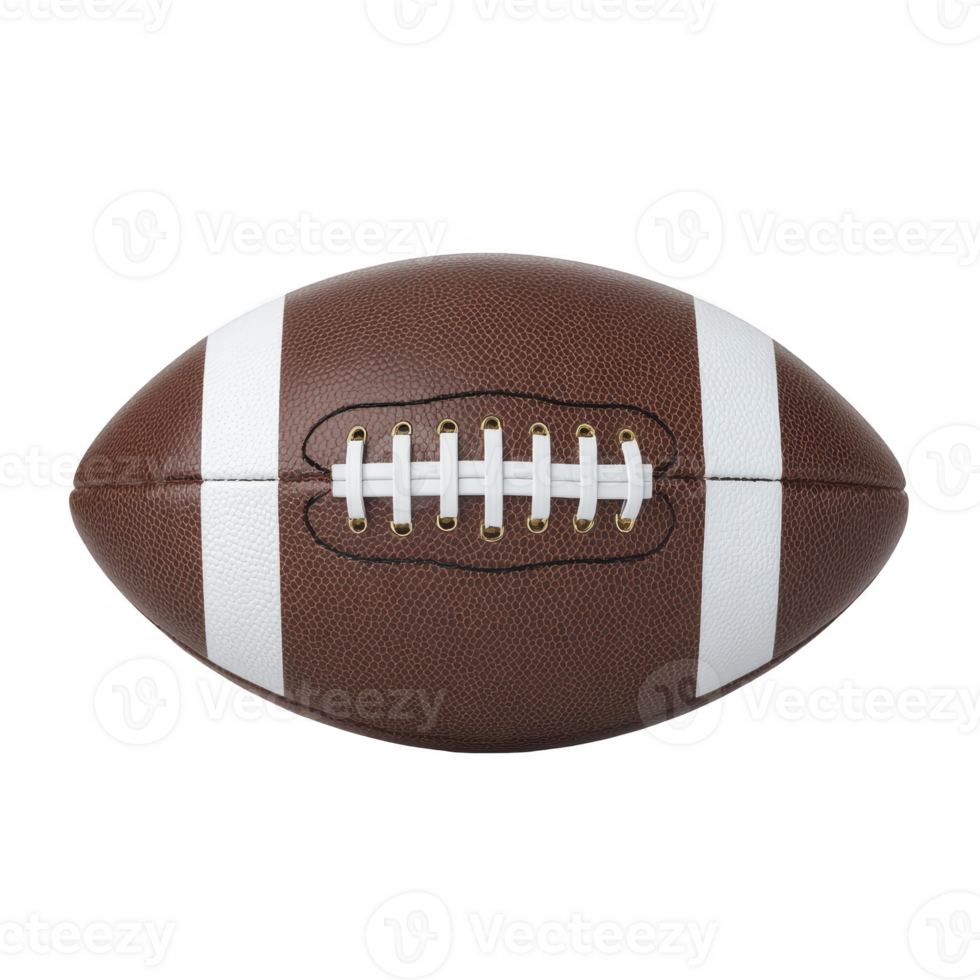 Brown leather American football with white stripes and laces is shown on transparency background, highlighting its classic design and texture png