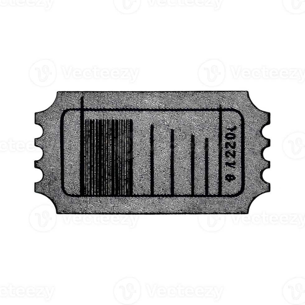 Vintage style black and white ticket with barcode and perforated edges, evoking nostalgic feel. ticket is isolated on transparent background png
