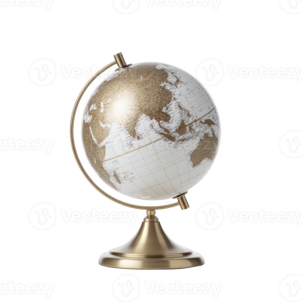 Decorative globe with gold and white design on brass stand, showcasing continents in stylish manner. Perfect for home or office decor, adding touch of elegance png