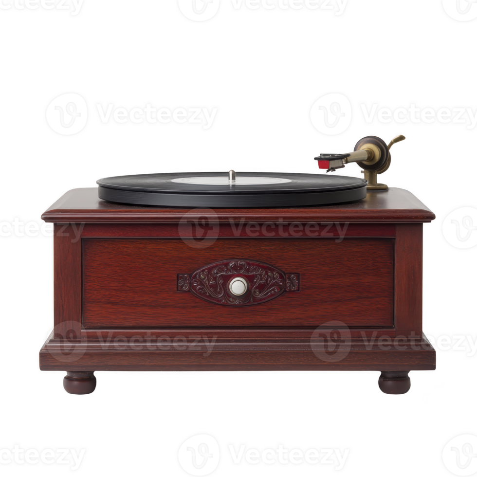 Vintage wooden gramophone with intricate carvings and brass tonearm, showcasing classic design. dark wood finish and elegant details evoke nostalgia and charm png