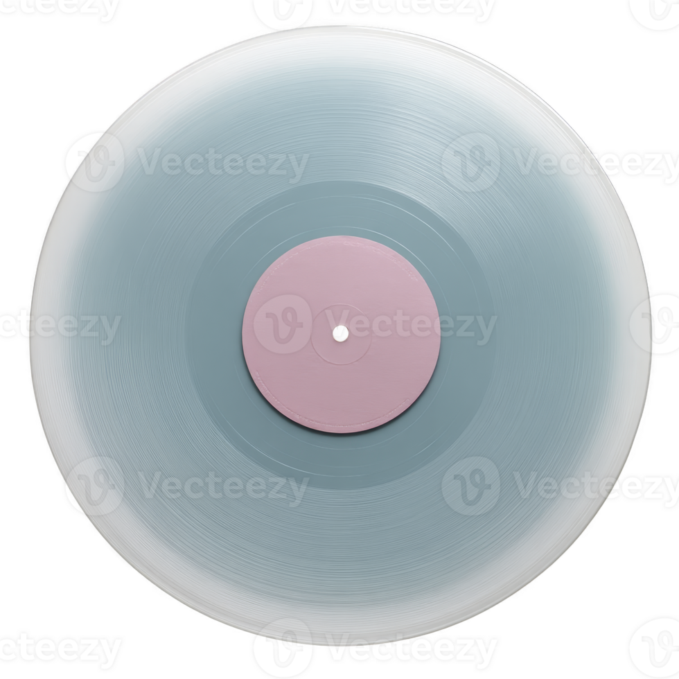 Translucent vinyl record with pastel pink center and gradient from light blue to white creates modern and artistic look. smooth surface and circular grooves are clearly visible png