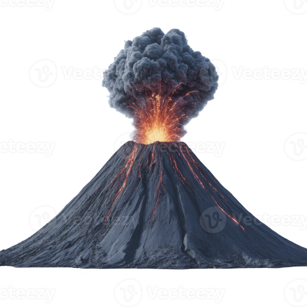 Volcano erupts with dramatic explosion, spewing ash and lava into sky. dark smoke contrasts with fiery orange of molten rock, creating powerful natural spectacle png