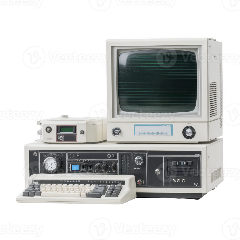 Vintage computer setup featuring CRT monitor, keyboard, and various control panels evokes nostalgia for early computing technology. retro design highlights evolution of electronics png