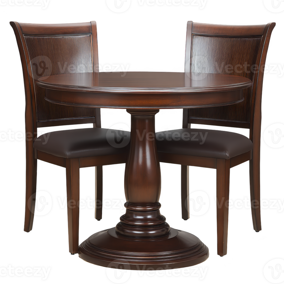 Round wooden dining table with pedestal base is paired with two matching chairs, featuring elegant dark wood and cushioned seats, creating classic and inviting dining setup png