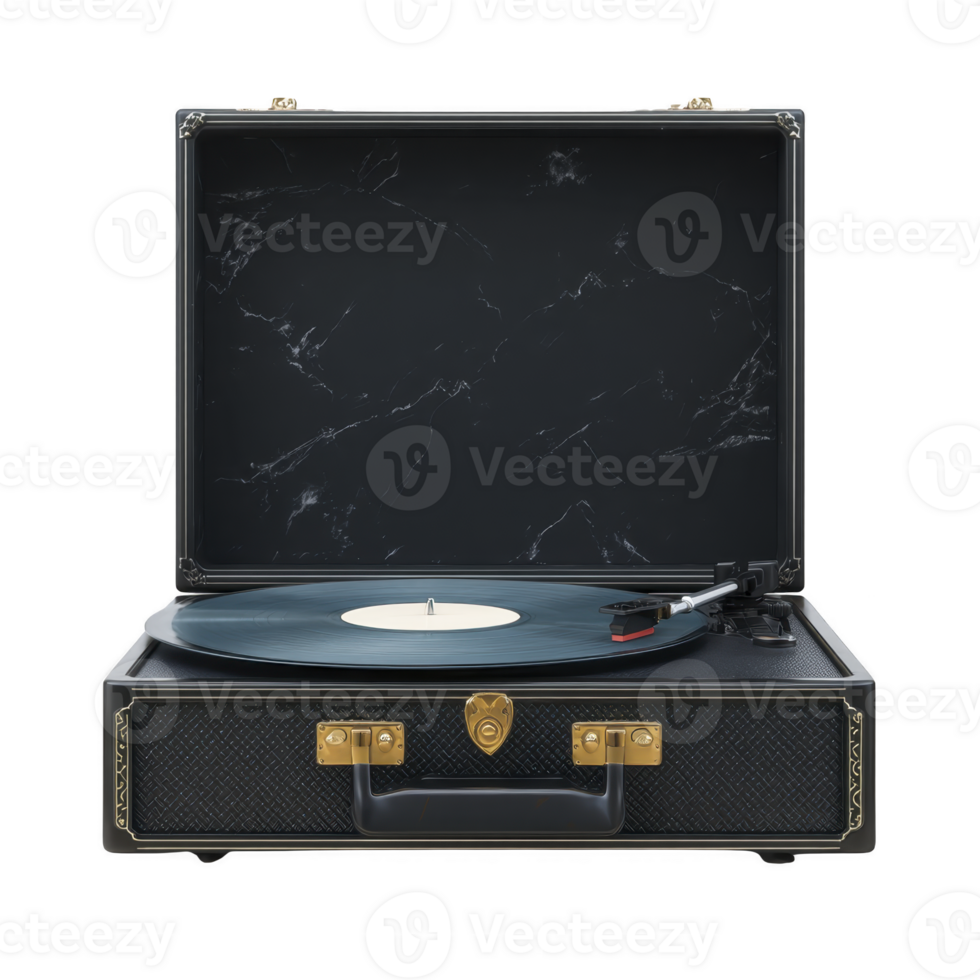 Vintage style black suitcase record player with vinyl record on turntable, featuring gold accents and classic design, evokes nostalgia and retro charm png