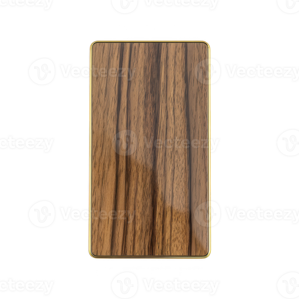Sleek smartphone with wooden back cover featuring natural grain pattern and gold trim, offering stylish and elegant design png