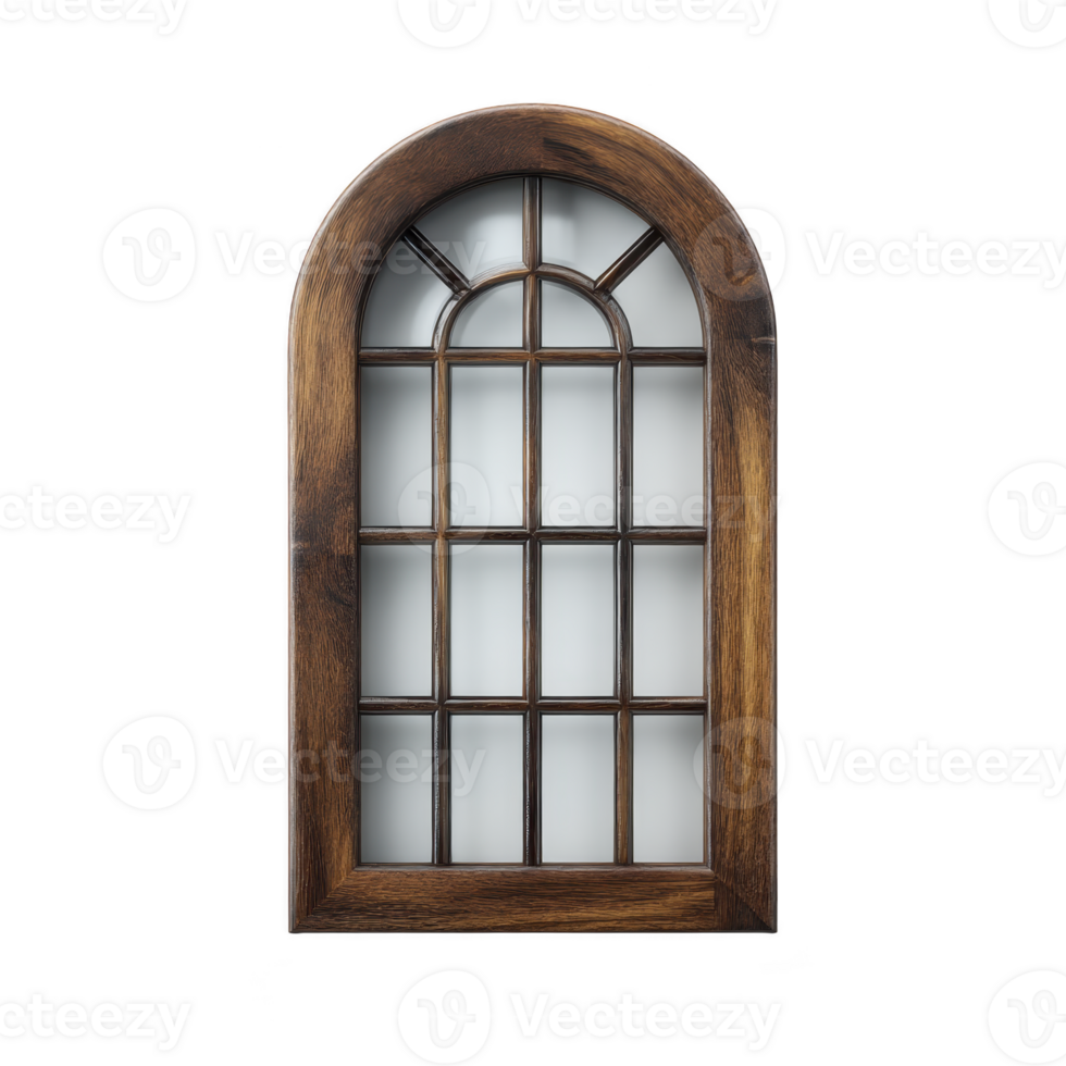 Arched wooden window with frosted glass and grid design, creating classic and elegant look. rich brown wood frame adds warmth and sophistication to any space png